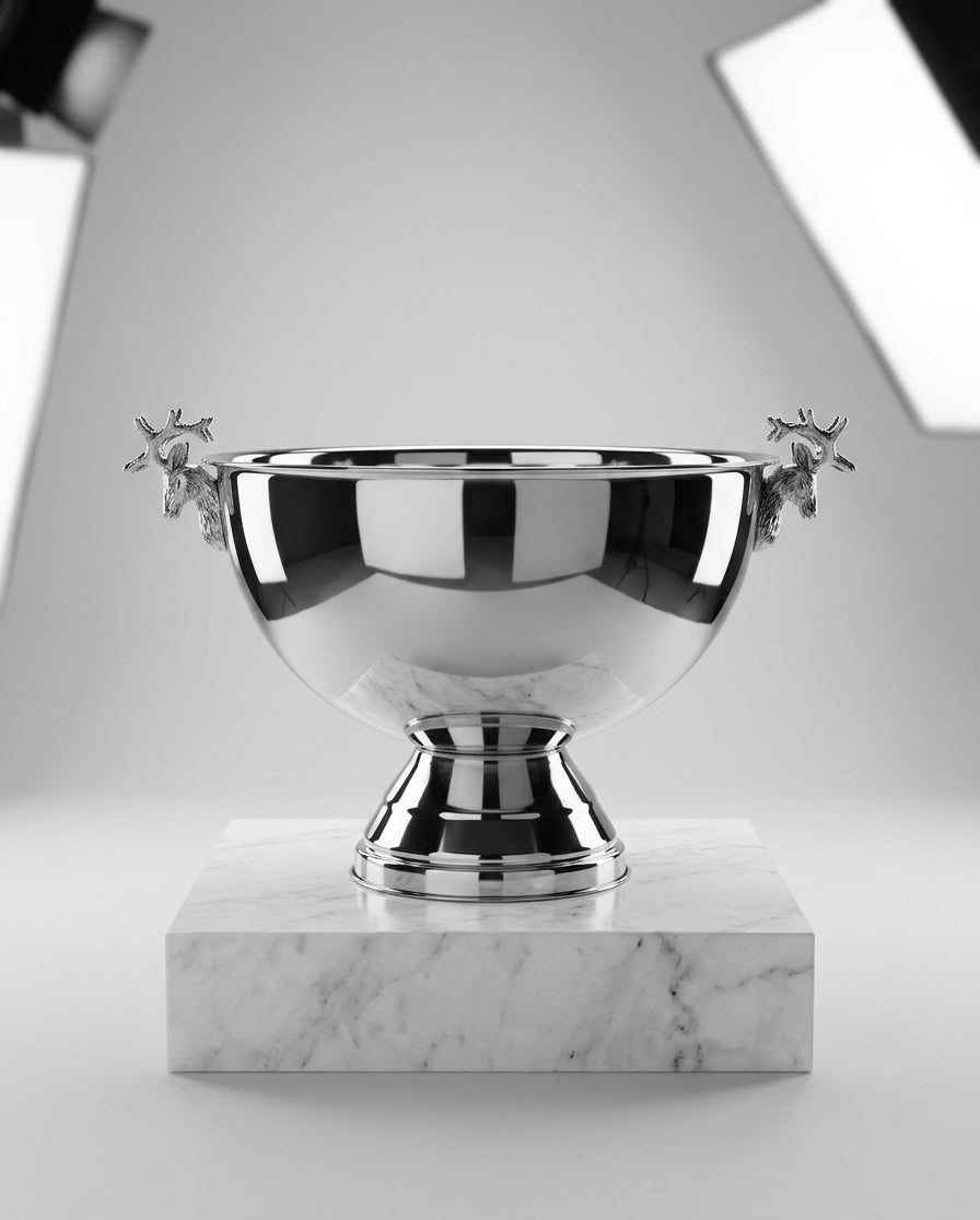 Elegant Stainless Steel Ice Bucket with Reindeer Antler Handles – Decorative Serving Bowl with Pedestal Base



Description: