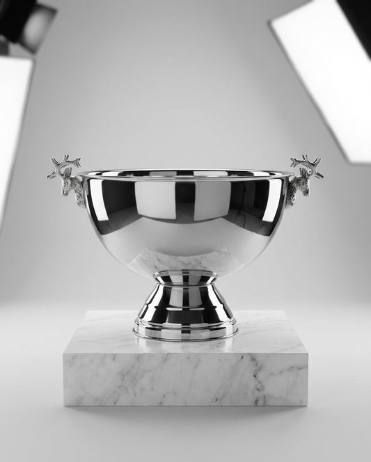 Elegant Stainless Steel Ice Bucket with Reindeer Antler Handles – Decorative Serving Bowl with Pedestal Base



Description: