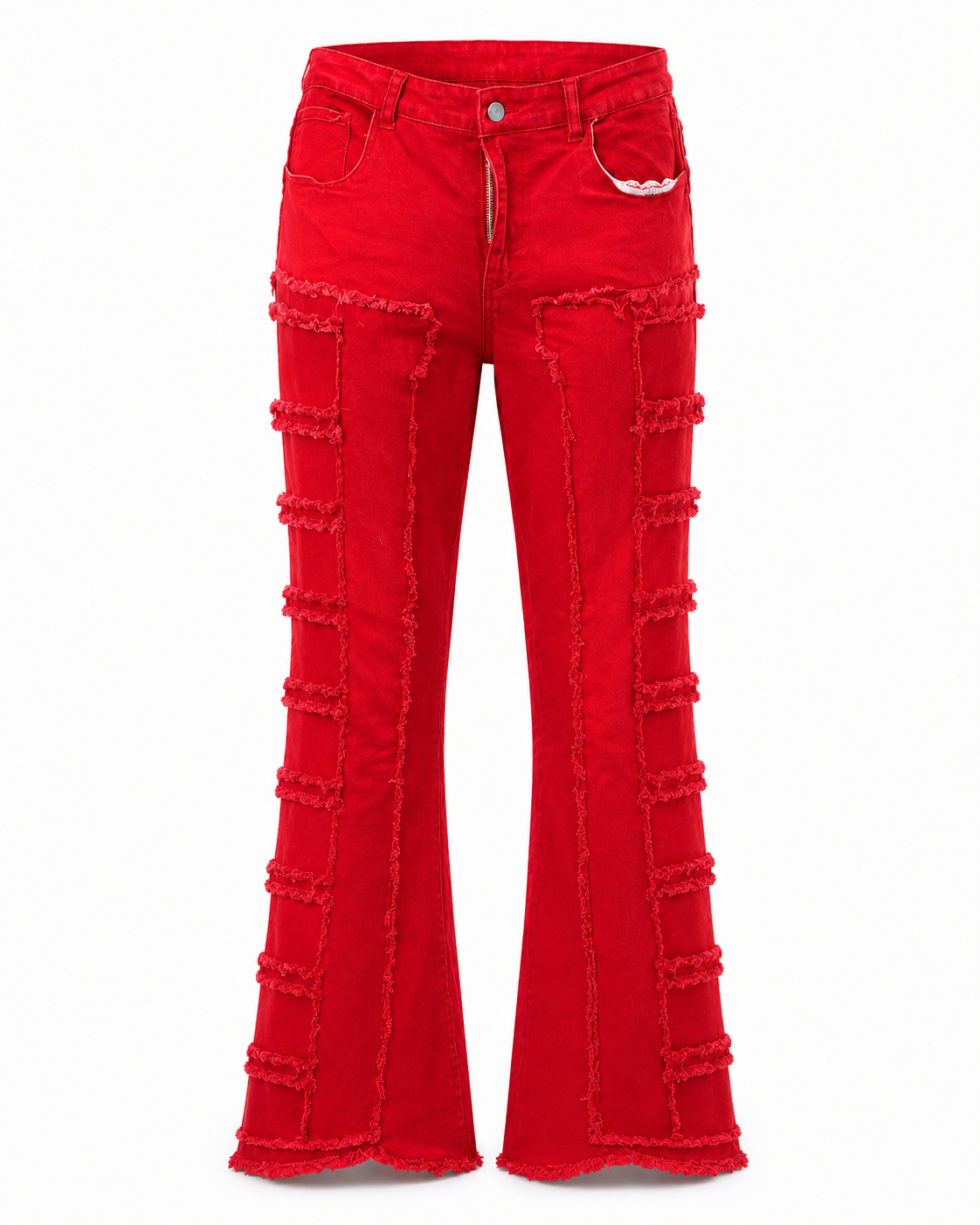 Women’s Red Bootcut Pants with Frayed Panels | S–XXL