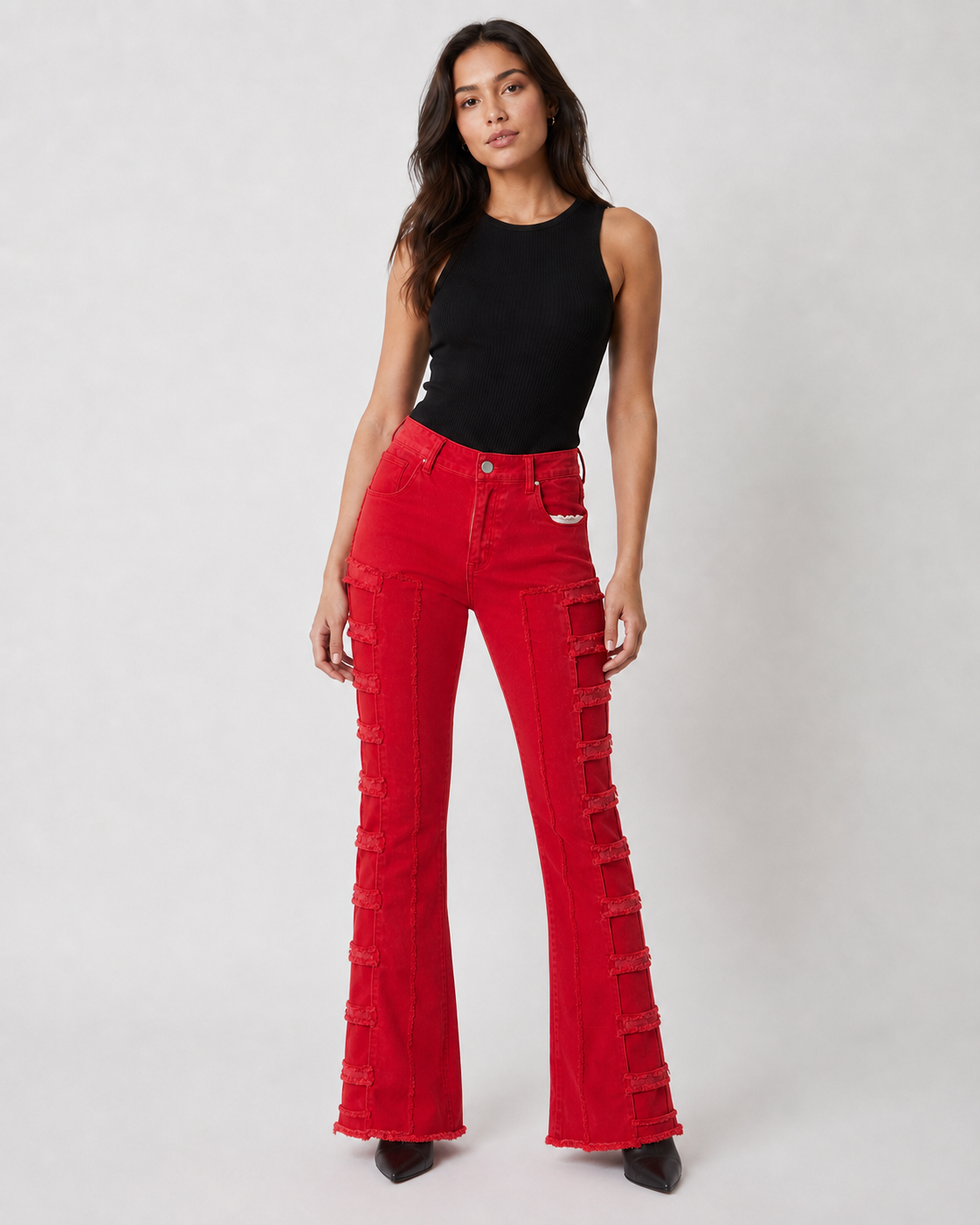 Women’s Red Bootcut Pants with Frayed Panels | S–XXL
