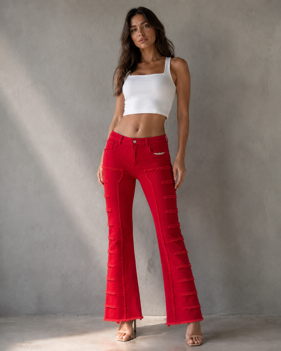 Women’s Red Bootcut Pants with Frayed Panels | S–XXL