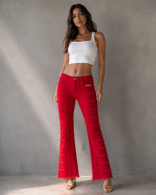 Women’s Red Bootcut Pants with Frayed Panels | S–XXL