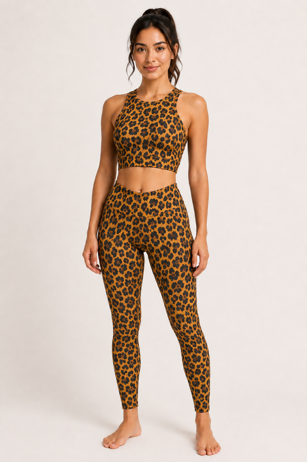 Women’s Leopard Print Two-Piece Activewear Set – Crop Top & High-Waist Leggings