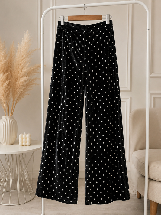 Women’s Black Polka Dot Velvet Flare Pants – High Waist Wide Leg Trousers