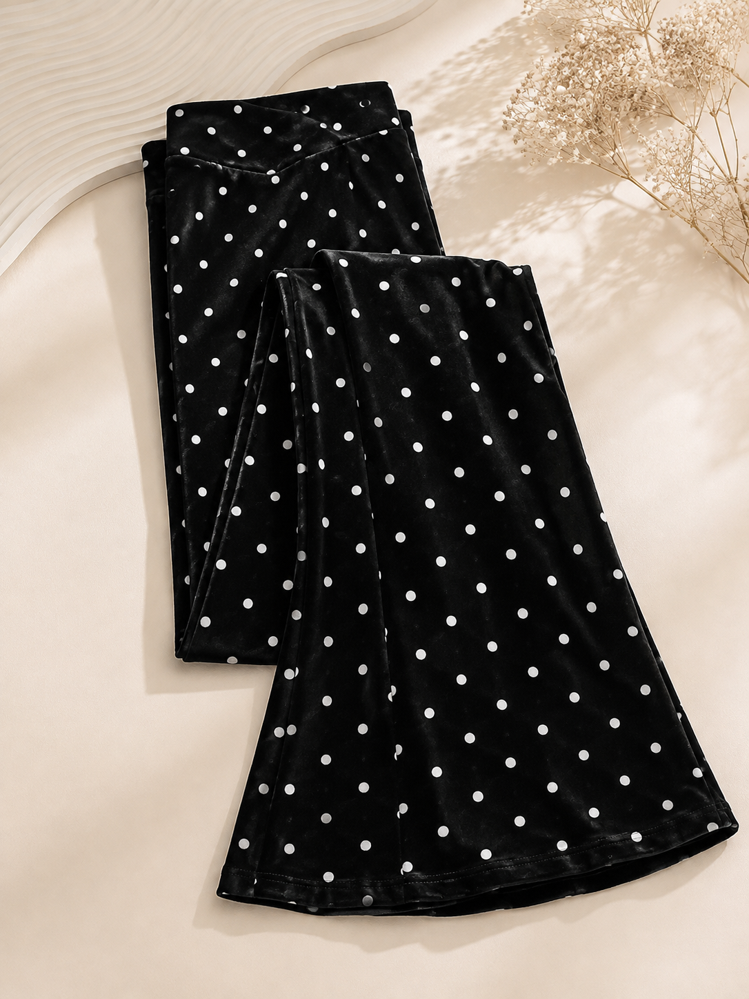 Women’s Black Polka Dot Velvet Flare Pants – High Waist Wide Leg Trousers
