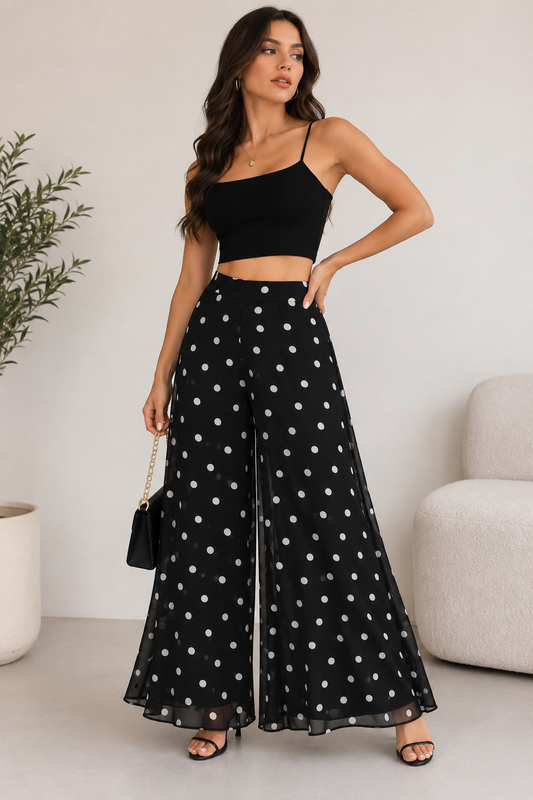 Women’s Polka Dot Wide-Leg Palazzo Pants – High-Waisted Flowy Dress Pants