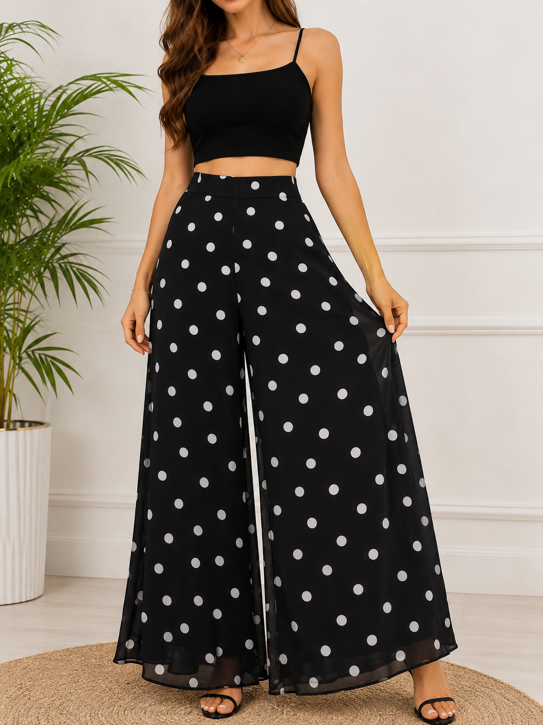 Women’s Polka Dot Wide-Leg Palazzo Pants – High-Waisted Flowy Dress Pants