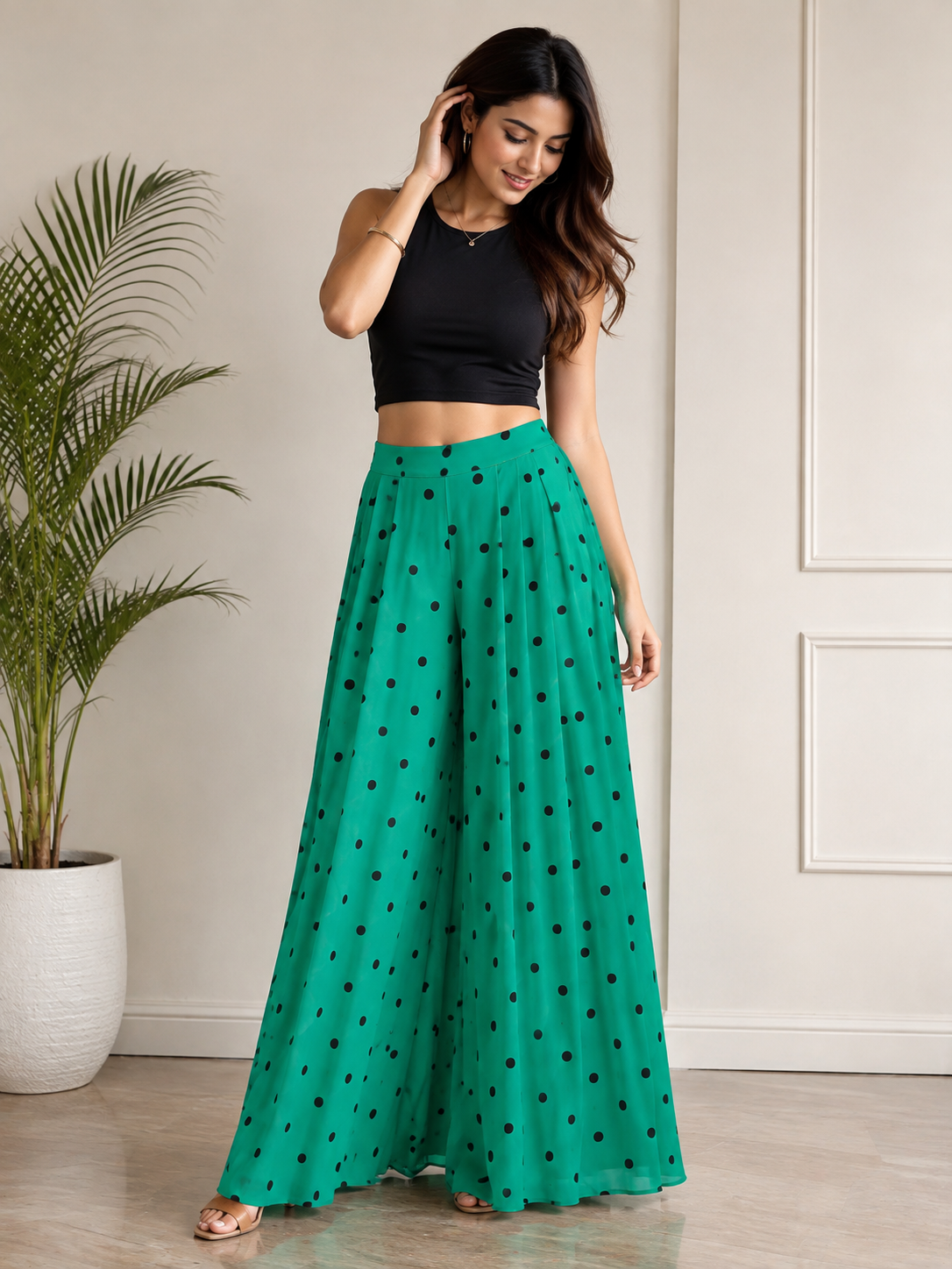 Women’s Polka Dot Wide-Leg Palazzo Pants – High-Waisted Flowy Dress Pants