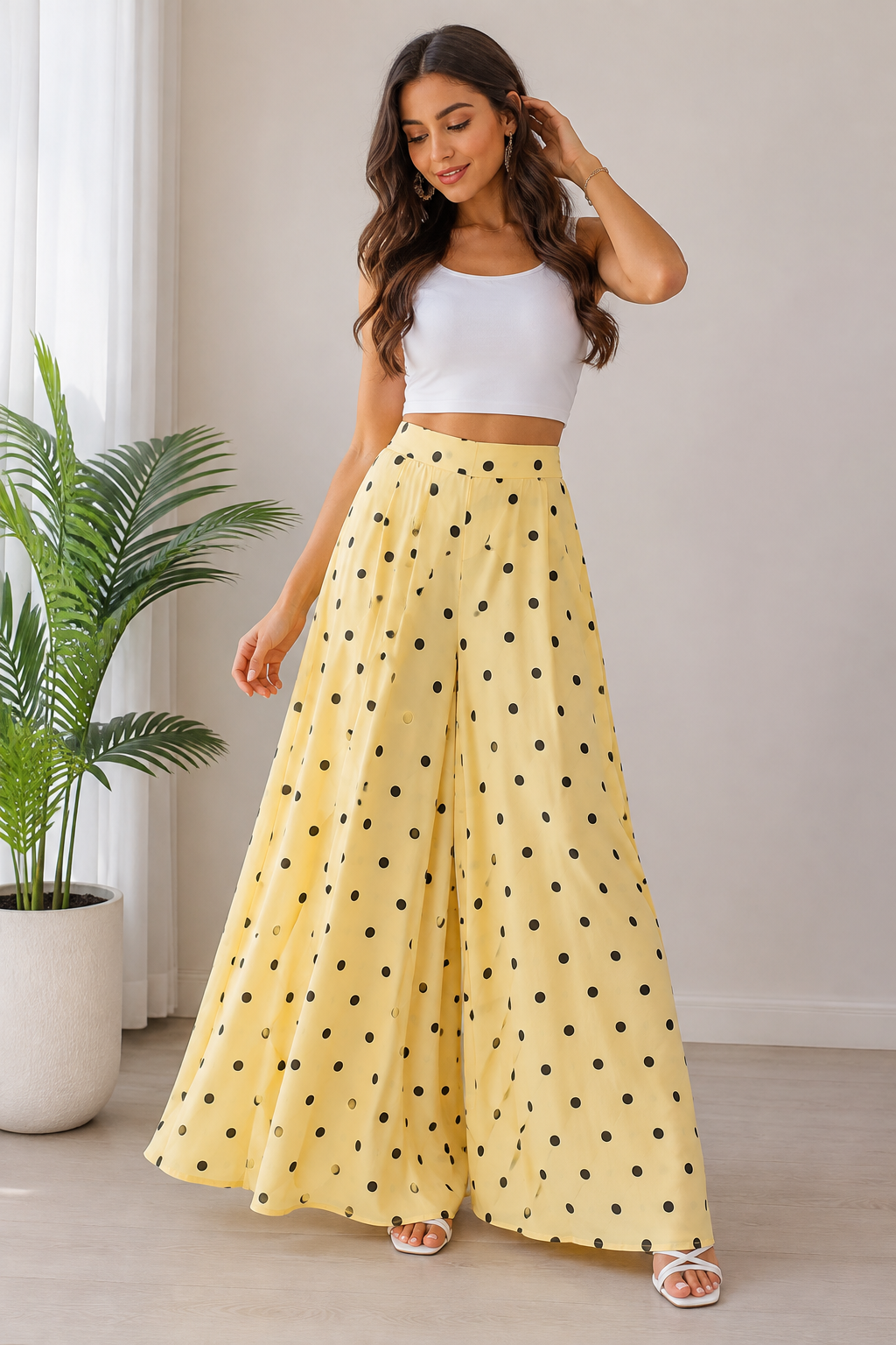 Women’s Polka Dot Wide-Leg Palazzo Pants – High-Waisted Flowy Dress Pants