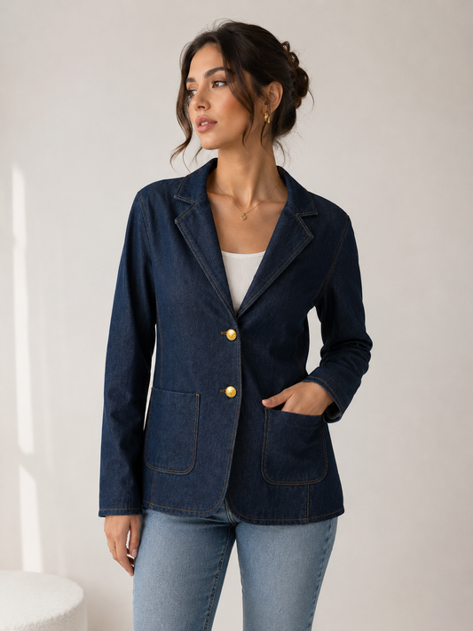 Women’s Denim Blazer Jacket – Tailored Button-Up Casual & Smart Jacket