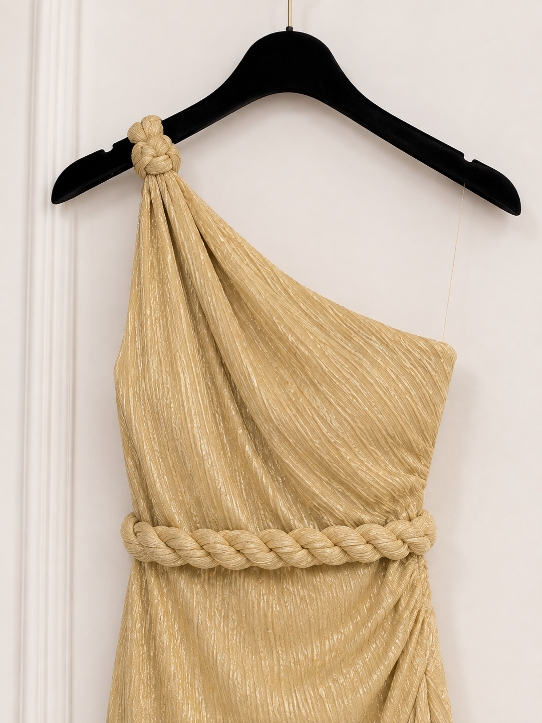 Women’s One-Shoulder Shimmer Midi Dress with Braided Waist & Ruffle Hem