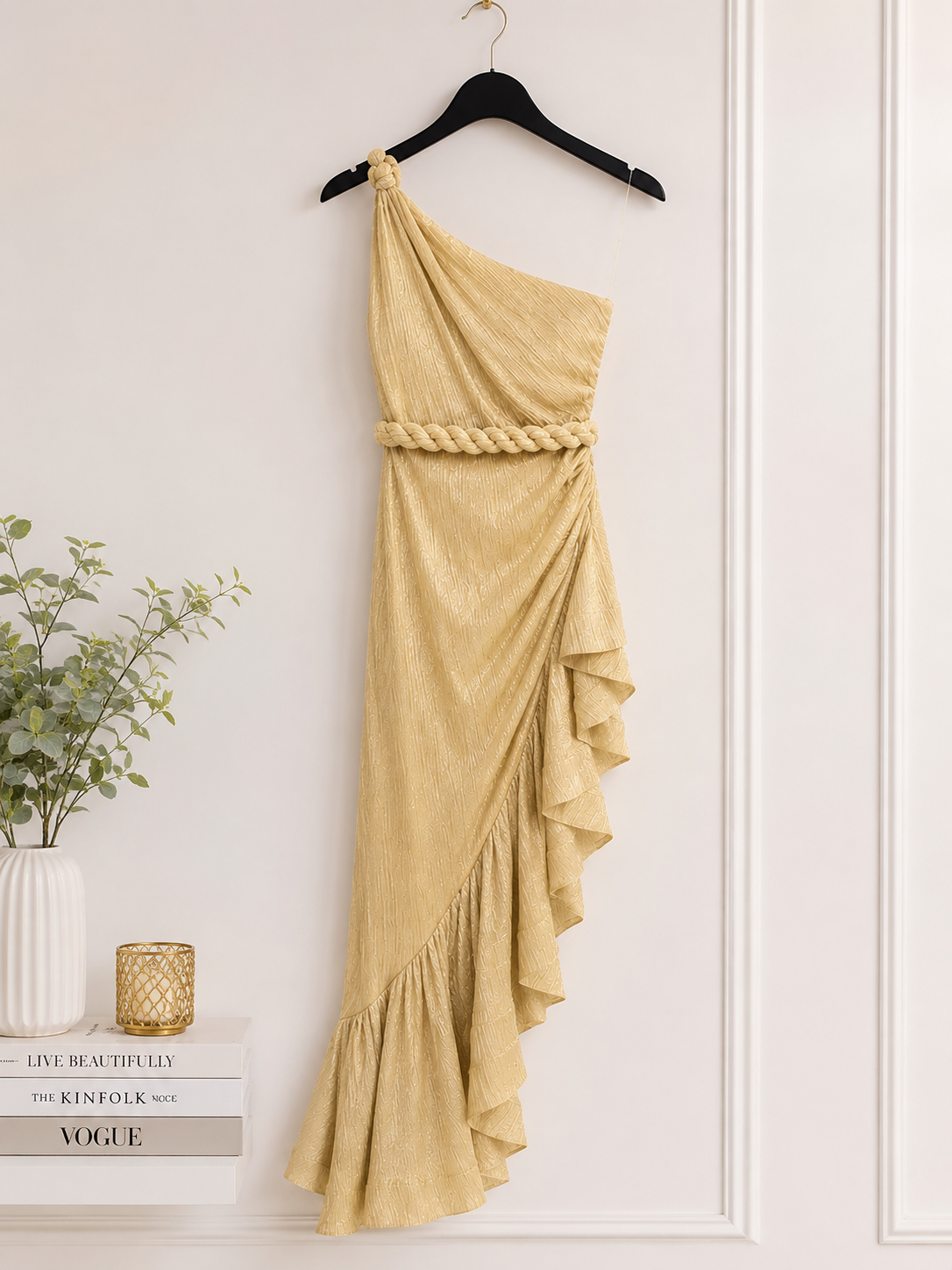 Women’s One-Shoulder Shimmer Midi Dress with Braided Waist & Ruffle Hem