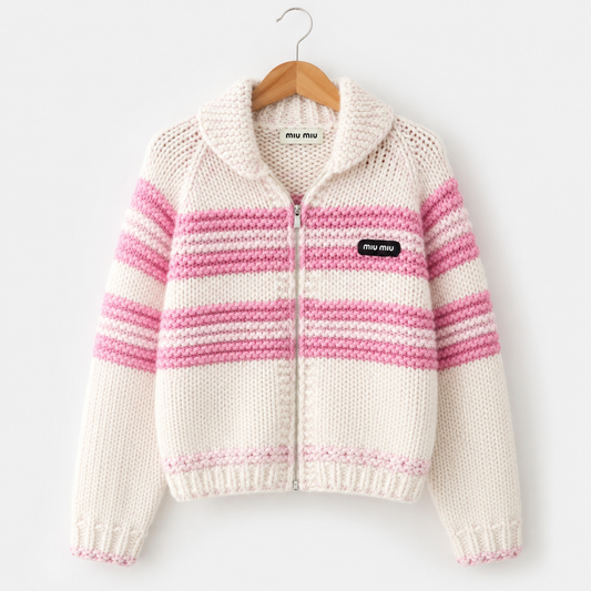 Women’s Chunky Knit Zip-Up Cardigan Sweater – Striped Cozy Long Sleeve Jacket
