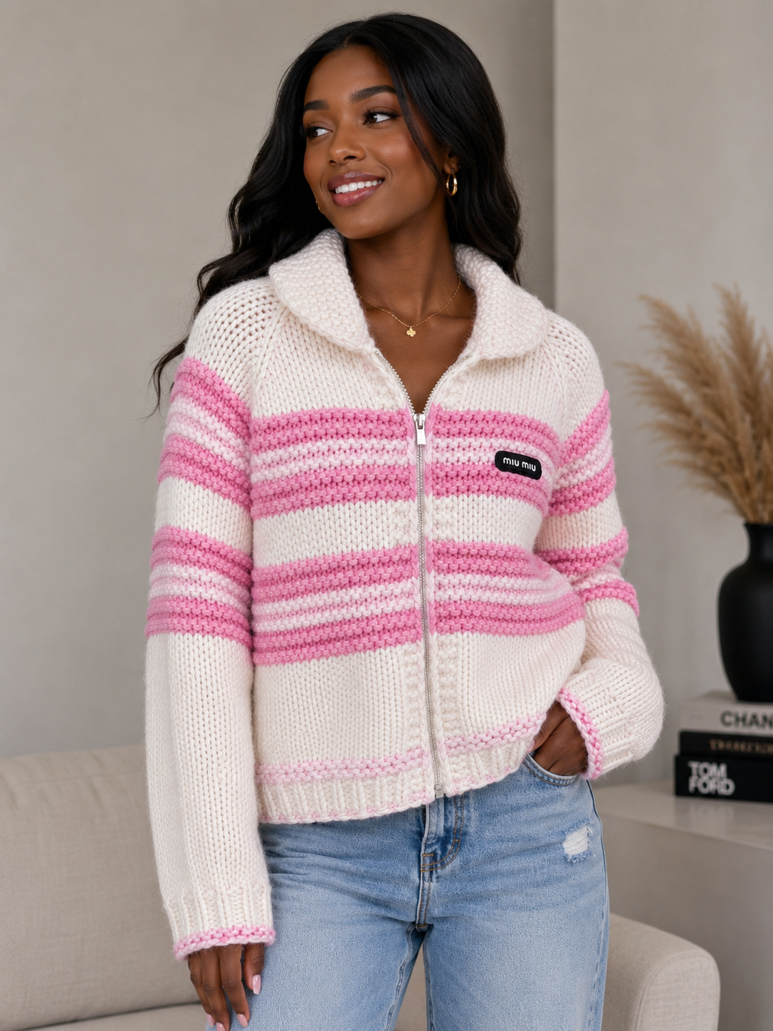 Women’s Chunky Knit Zip-Up Cardigan Sweater – Striped Cozy Long Sleeve Jacket