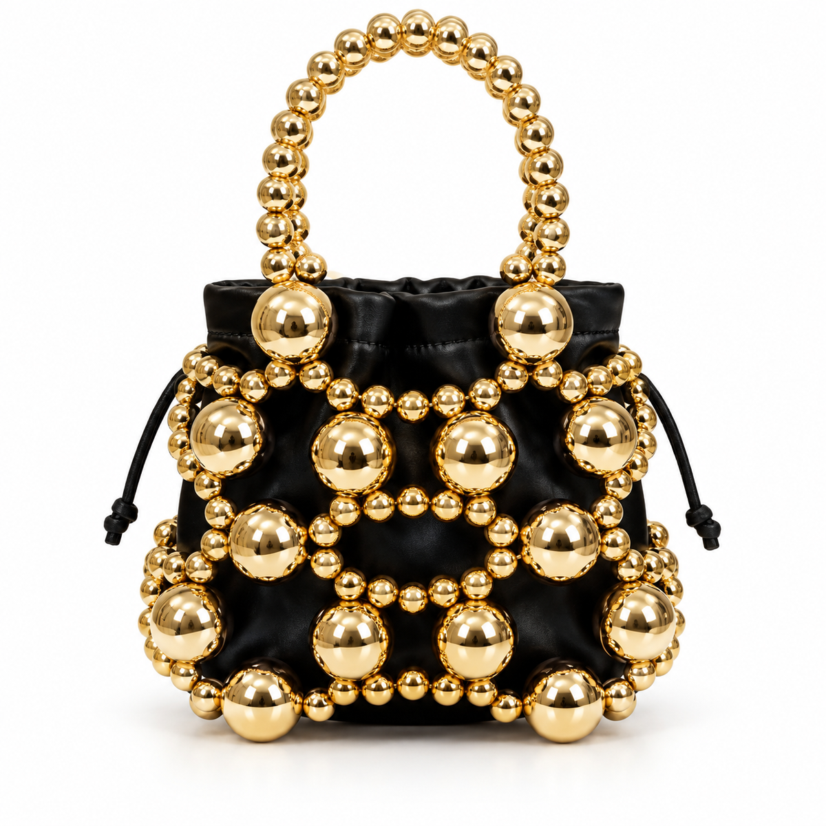 Luxury Beaded Mini Bucket Bag with Magnetic Closure & Shoulder Strap – Gold or Gunmetal