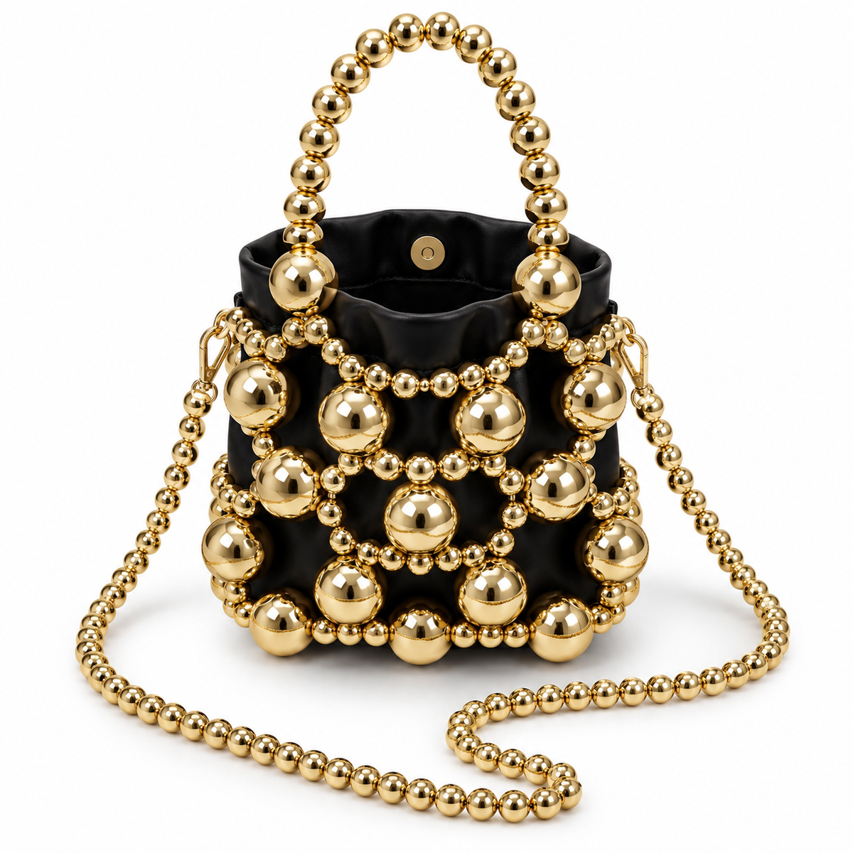Luxury Beaded Mini Bucket Bag with Magnetic Closure & Shoulder Strap – Gold or Gunmetal
