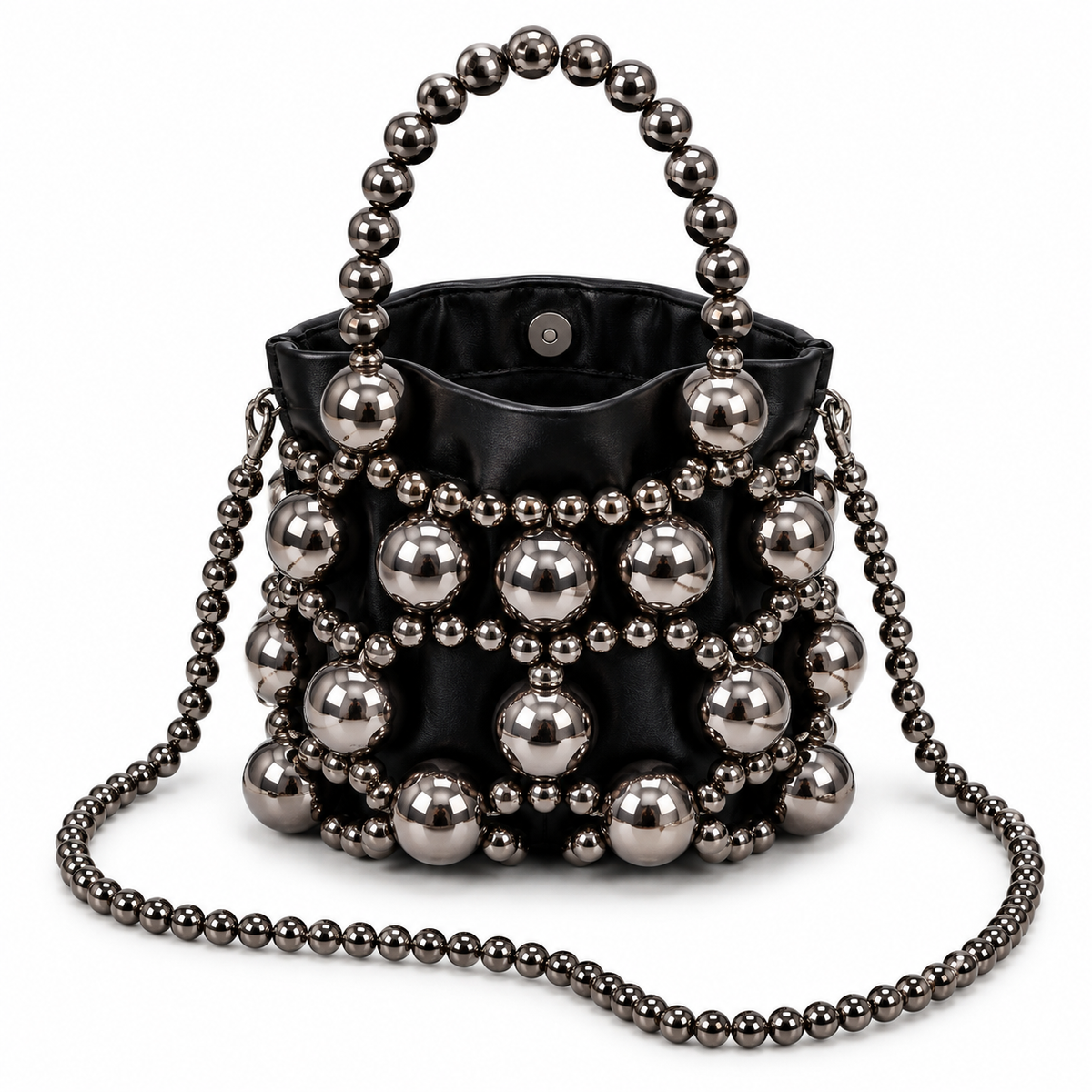 Luxury Beaded Mini Bucket Bag with Magnetic Closure & Shoulder Strap – Gold or Gunmetal