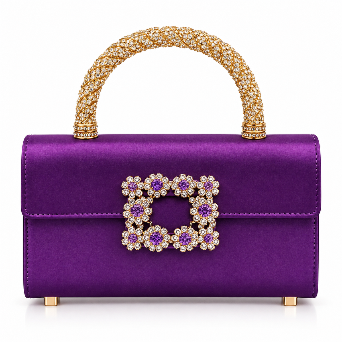 Crystal Rhinestone Satin Evening Bag with Gold Top Handle & Crossbody Chain