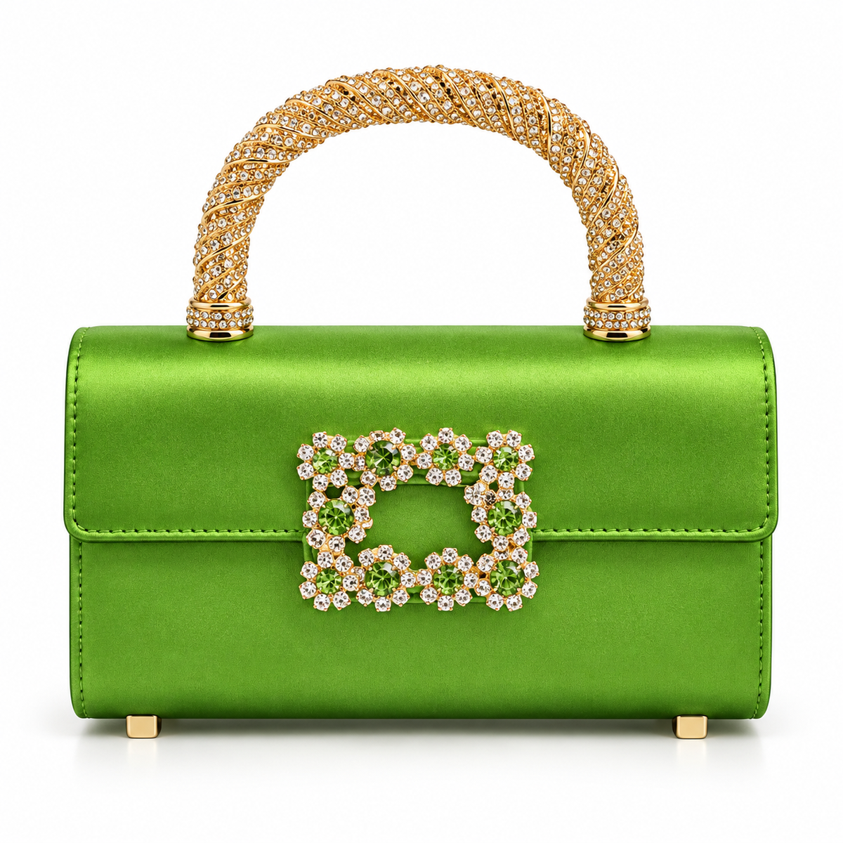 Crystal Rhinestone Satin Evening Bag with Gold Top Handle & Crossbody Chain