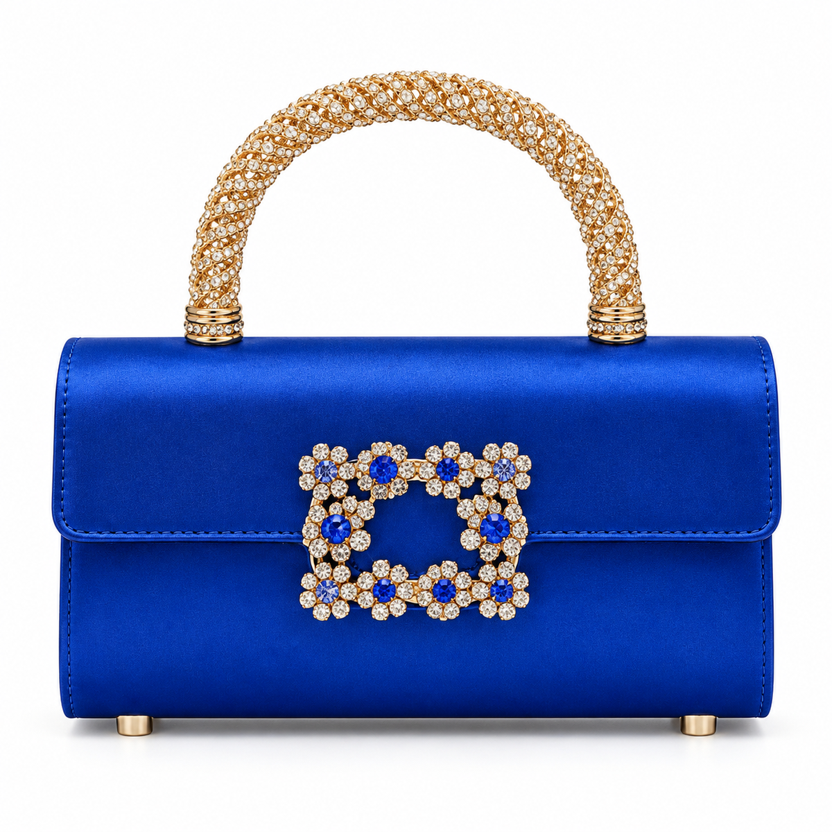 Crystal Rhinestone Satin Evening Bag with Gold Top Handle & Crossbody Chain