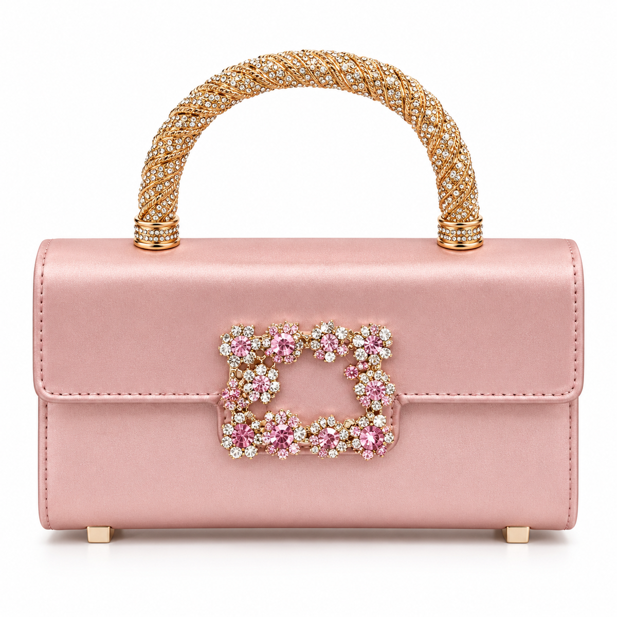 Crystal Rhinestone Satin Evening Bag with Gold Top Handle & Crossbody Chain