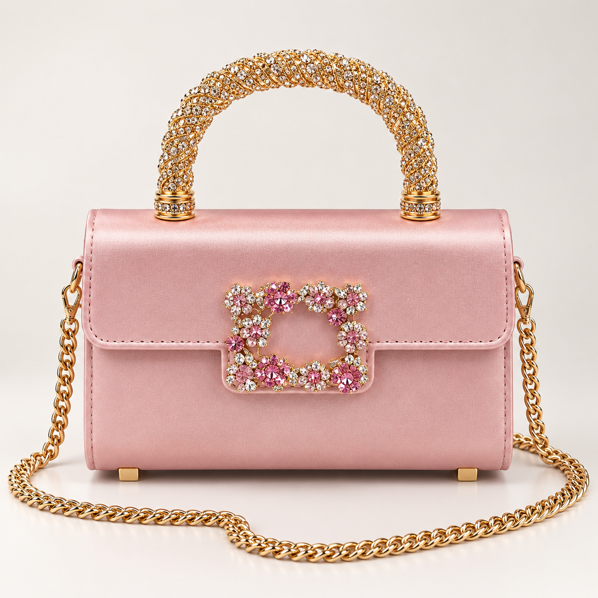Crystal Rhinestone Satin Evening Bag with Gold Top Handle & Crossbody Chain
