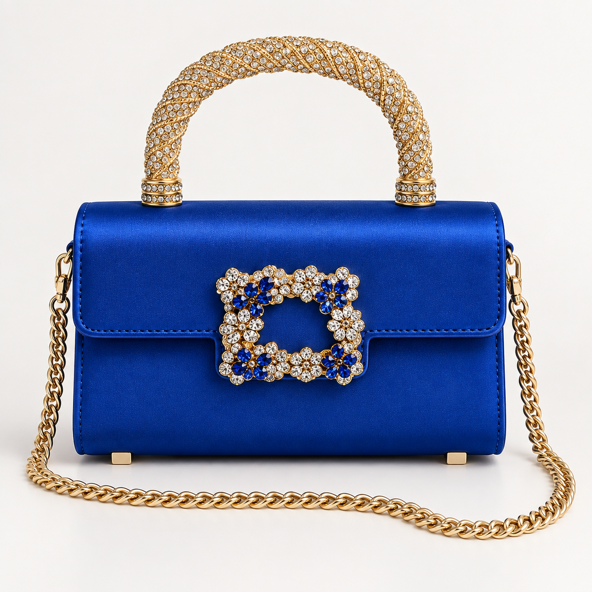 Crystal Rhinestone Satin Evening Bag with Gold Top Handle & Crossbody Chain