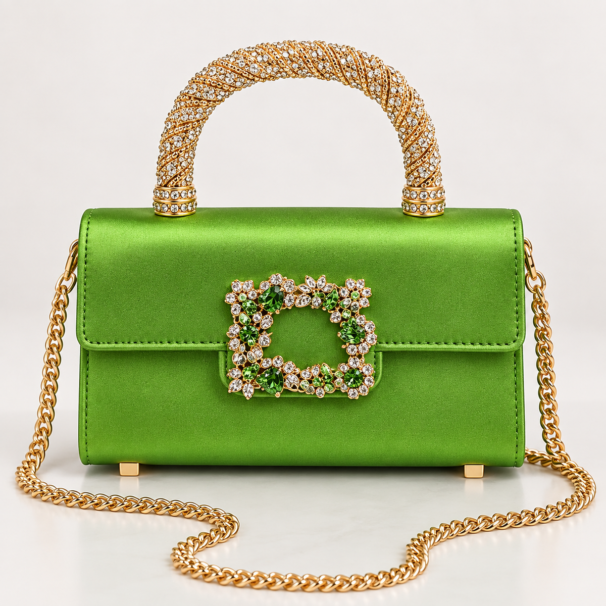 Crystal Rhinestone Satin Evening Bag with Gold Top Handle & Crossbody Chain