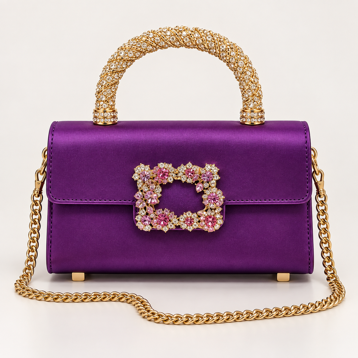 Crystal Rhinestone Satin Evening Bag with Gold Top Handle & Crossbody Chain