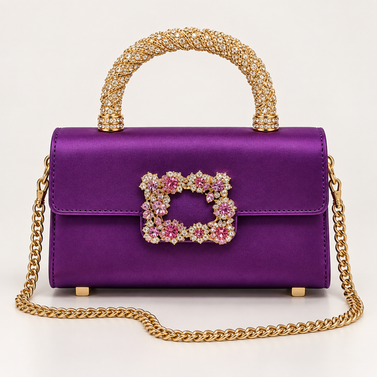Crystal Rhinestone Satin Evening Bag with Gold Top Handle & Crossbody Chain