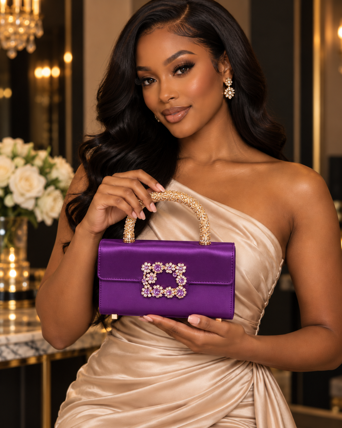 Crystal Rhinestone Satin Evening Bag with Gold Top Handle & Crossbody Chain