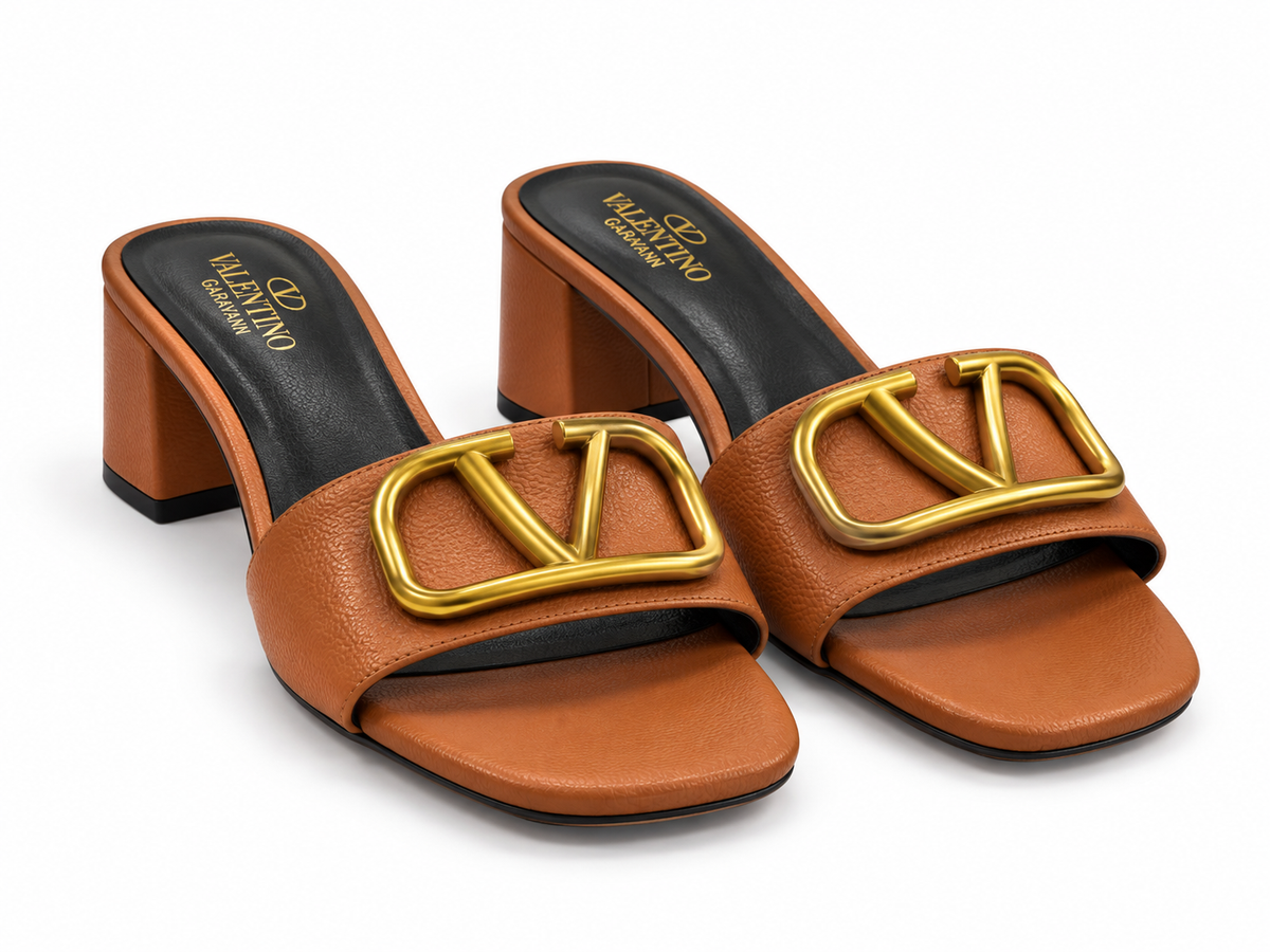 Cognac Brown Block Heel Slide Sandals with Gold V Accent – Women’s Dress Heels