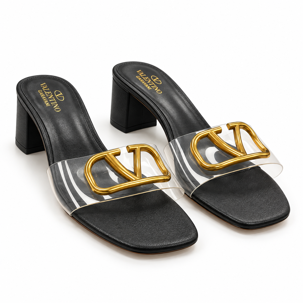 Black Clear Strap Block Heel Mule Sandals with Gold V Accent