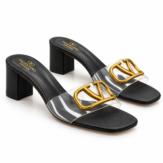 Black Clear Strap Block Heel Mule Sandals with Gold V Accent