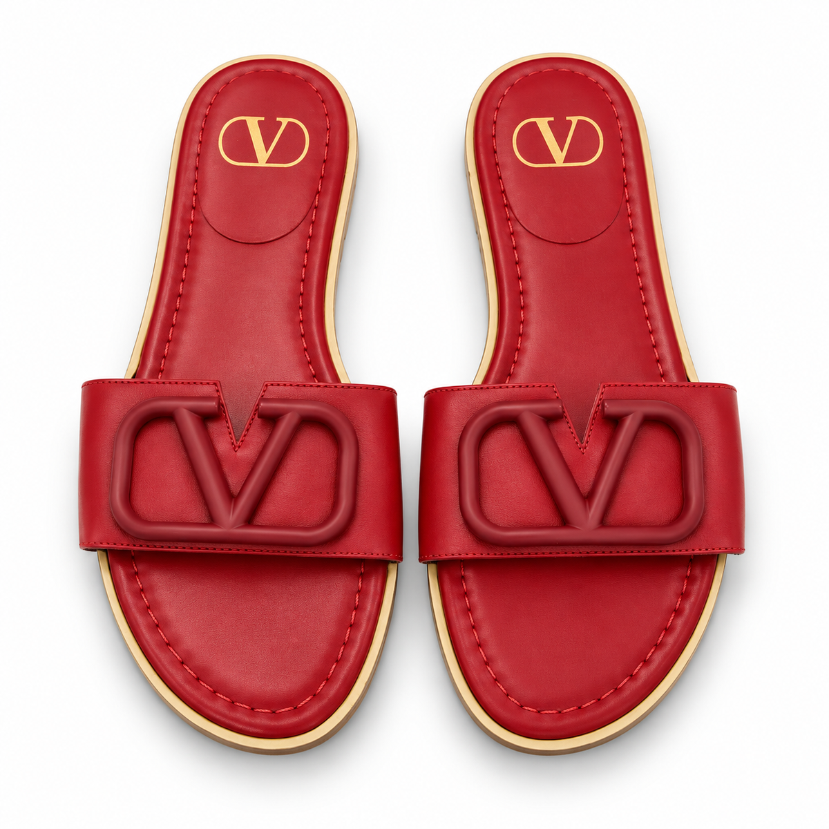 Red V-Emblem Flat Slide Sandals – Women’s Elegant Slip-On Summer Shoes