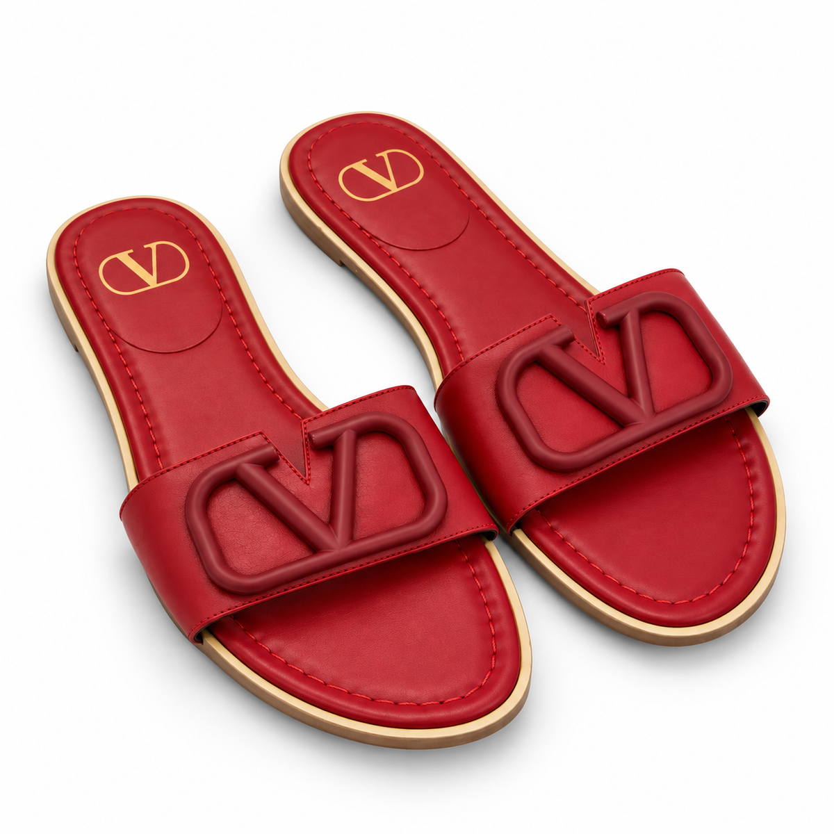 Red V-Emblem Flat Slide Sandals – Women’s Elegant Slip-On Summer Shoes