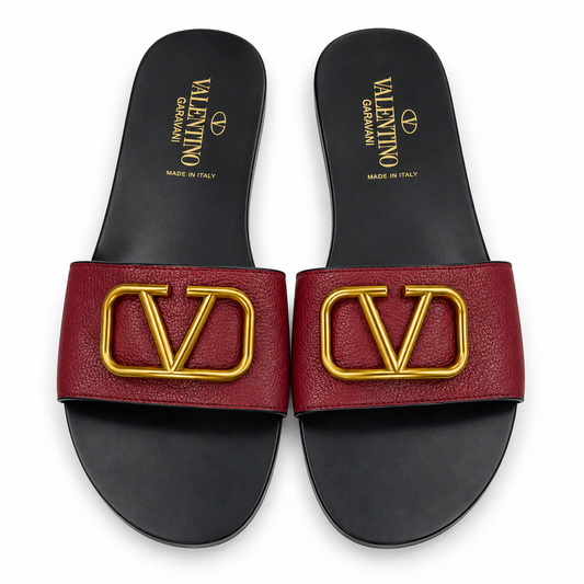 Burgundy & Gold Logo Slide Sandals – Chic Women’s Flat Slip-On Sandals