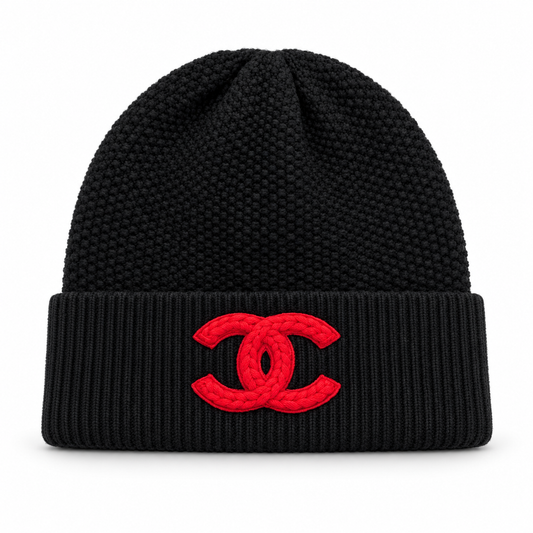 Black Knit Beanie with Red Double C Logo Gift Box Set