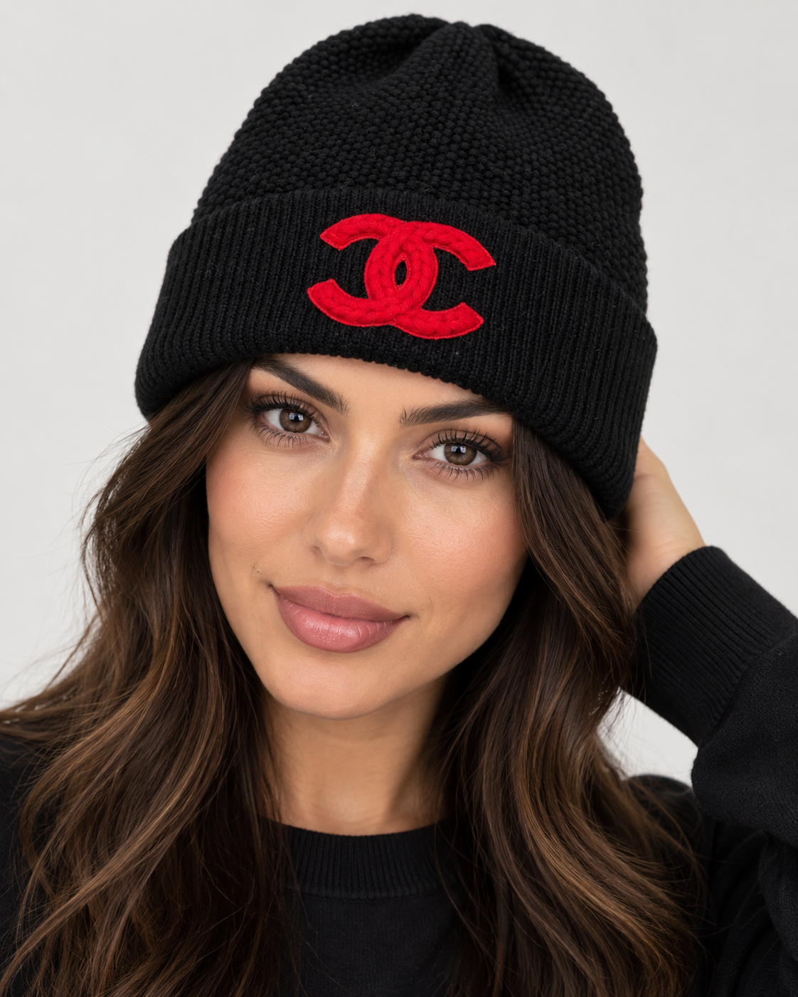 Black Knit Beanie with Red Double C Logo Gift Box Set