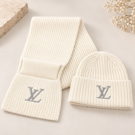 Ivory Ribbed Knit Beanie & Scarf Set – Cozy Winter Two-Piece Accessory Set