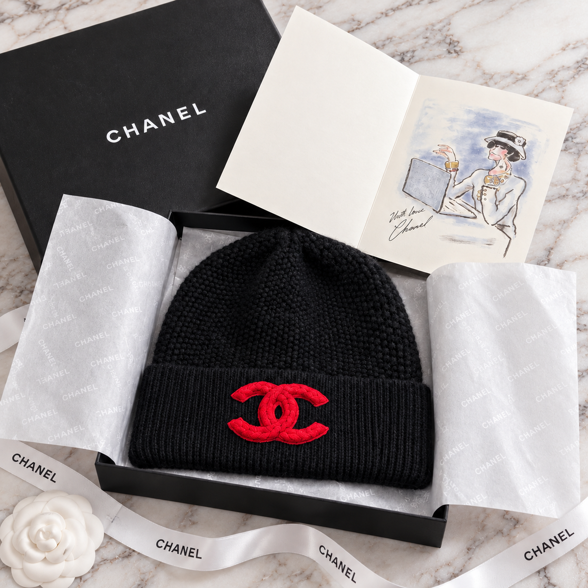 Black Knit Beanie with Red Double C Logo Gift Box Set