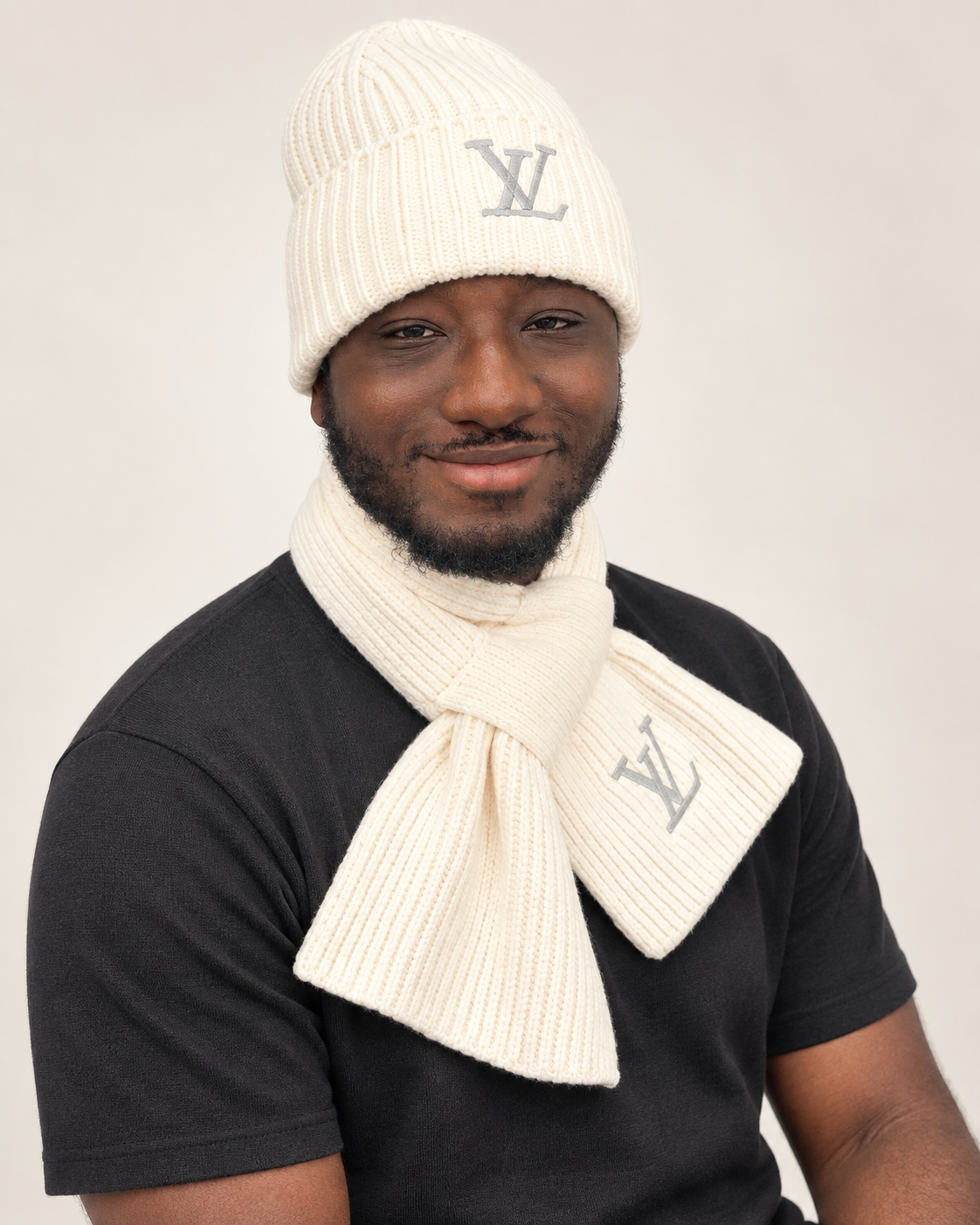 Ivory Ribbed Knit Beanie & Scarf Set – Cozy Winter Two-Piece Accessory Set