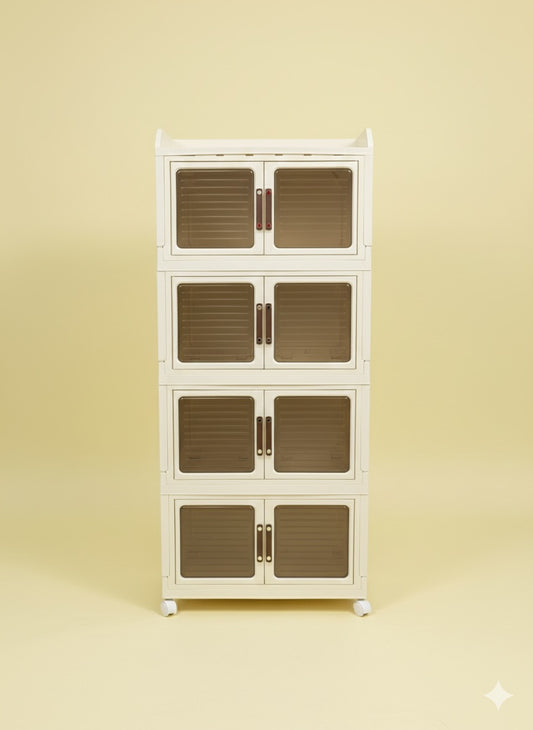 Multi-layer storage cabinet- 4 layers off white and brown storage shelf for home use