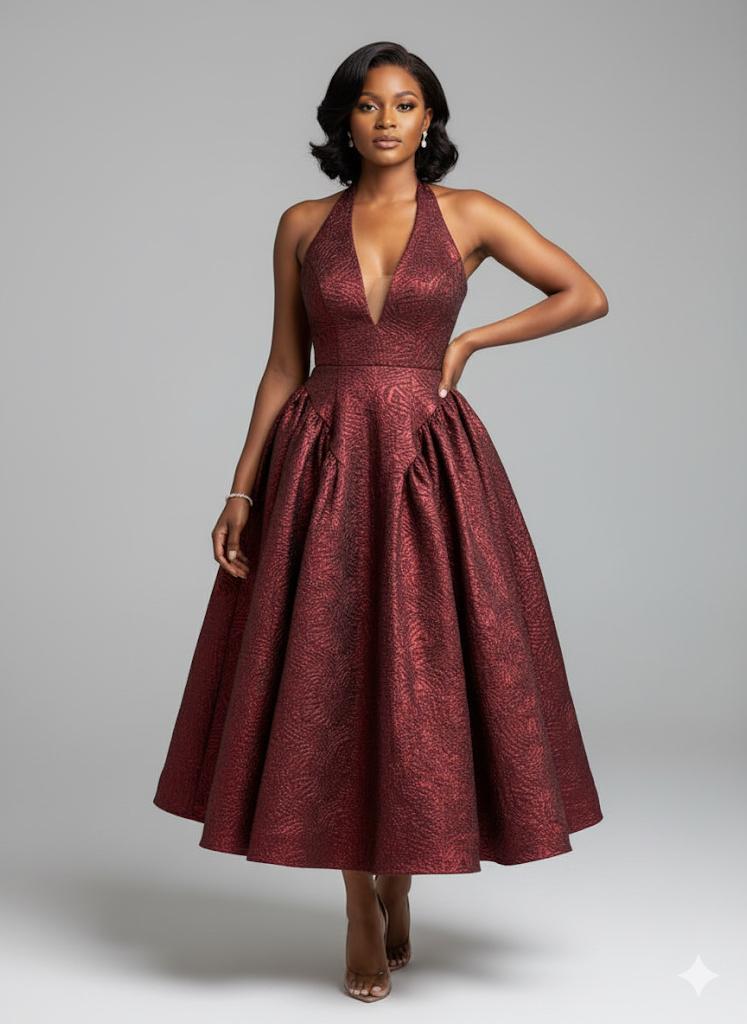 The Opulent Halter Neck Jacquard Midi Dress