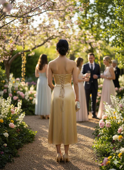 Luxurious Satin Strapless Midi Dress with Corset Back