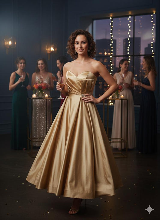 Luxurious Satin Strapless Midi Dress with Corset Back