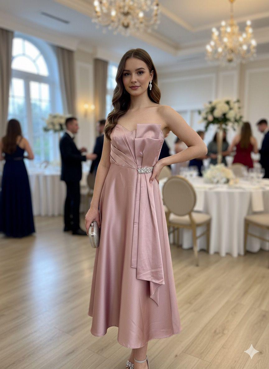 Luxurious Satin Strapless Midi Dress with Corset Back