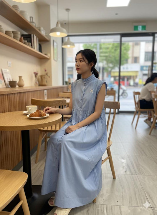 Ruffled High-Neck Button-Front Maxi Sundress