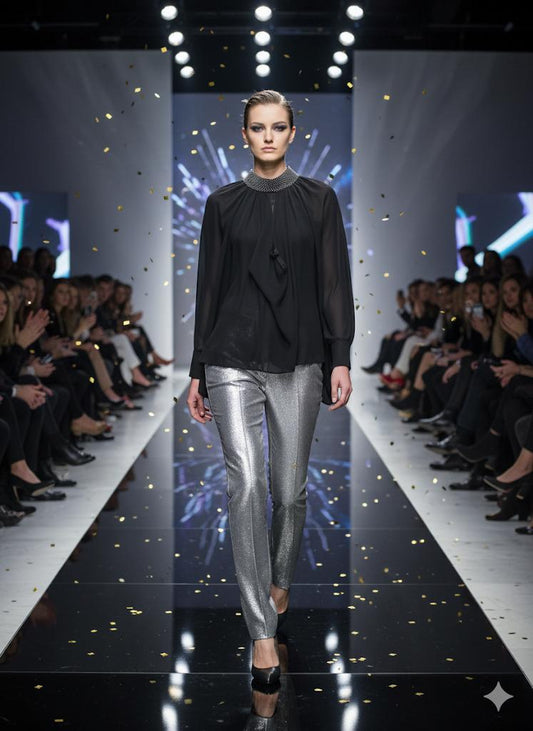 Embellished High-Neck Sheer Blouse