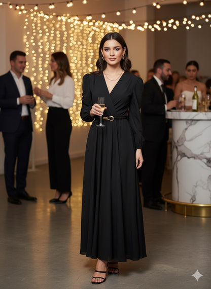 Elegant Long-Sleeve Satin Wrap Maxi Dress